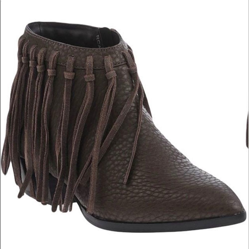 Boho Western Brown Textured Leather Fringe Tassel Heel Ankle Booties NEW